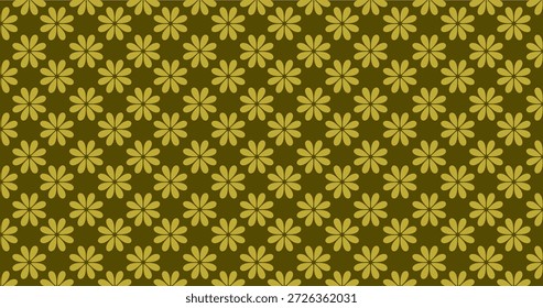 Kompliziertes geometrisches Blumenmuster mit kleinen gelben Blumen auf Olivengrün.