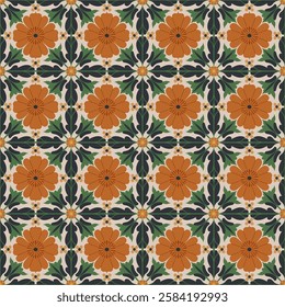 Intricate Geometric Floral Seamless Pattern in Dark Green and Orange