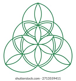 Intricate geometric flower pattern formed by overlapping circles in green line art on a white background. Ideal for sacred geometry visuals, mandala art, architectural motifs,