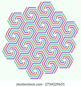 Intricate geometric hexagon pattern featuring interlocking spiral designs in vibrant teal, purple, and coral tones. This hypnotic vector background creates a futuristic tessellation effect