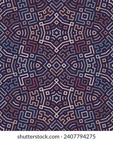 Intricate geometric labyrinth design with irregular multicolored lines on a black background. Mosaic floor style. Seamless repeating pattern.