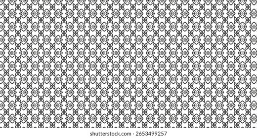 Intricate geometric lattice pattern with a symmetrical black design on white. Suitable for fashion, backgrounds, decor, and abstract digital art projects.