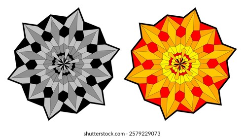 An intricate geometric mandala design displaying a vibrant color spectrum and a monochrome variation, beautifully illustrating symmetry, abstraction, and artistic creativity, perfect for backgrounds, 