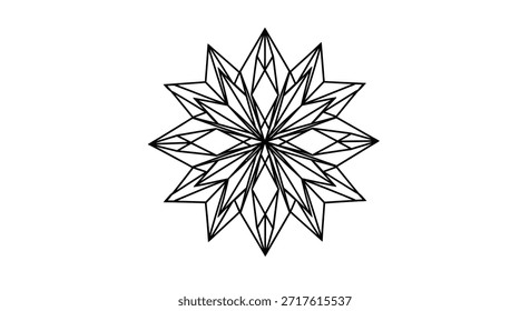 Un intrincado diseño de mandala geométrico, presentado en líneas negras sobre un fondo blanco limpio. Esta obra de arte combina a la perfección la complejidad de un mandala con lo único y cristalino