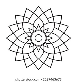 Intricate Geometric Mandala Design with Symmetrical Layered Petals and Circular Centerpiece, Featuring Bold Line Art for Mindfulness, Coloring, and Decoration