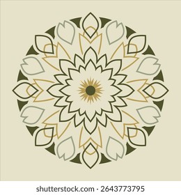 An intricate geometric mandala features stylized floral and leaf shapes in shades of green, gold and gray to create a harmonious pattern, perfect for backgrounds.