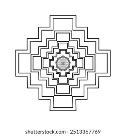 Mandala geométrica intrincada com um Sri Yantra, simbolizando harmonia divina e ordem cósmica. Perfeito para meditação, práticas espirituais ou decoração caseira.