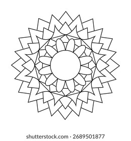 Intricate geometric mandala pattern with sharp, triangular petals radiating from a central circular motif, rendered in black and white.