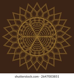 Intricate geometric mandala with thin golden strokes on dark brown background. Symmetrical and detailed pattern, minimalistic and elegant for creative use.