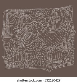 Intricate geometric pattern. Abstract lines, circles and waves. Freehand sketch. Clear outline. Bright illustration.
