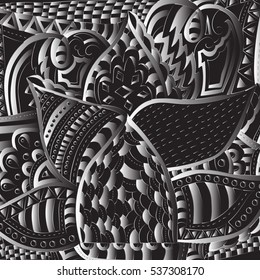 Intricate geometric pattern. Abstract lines, circles and waves. Freehand sketch. Clear outline. Bright illustration.