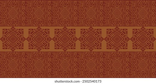 Intricate geometric pattern with Aztec and Mayan inspired designs in earthy brown tones. Seamless tribal motif for textiles and backgrounds.