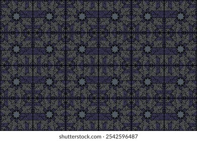 Padrão geométrico intrincado com linhas pretas, cinzentas e azuis formando triângulos e retângulos. Ilustração vetorial para tecido, têxtil, impressão de travesseiro, textura, design de moda