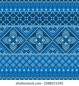 an intricate geometric pattern with blue tones, resembling traditional textile or mosaic art. The design consists of symmetrical diamond shapes, zigzags, and small square details. Vector ethnic Navajo