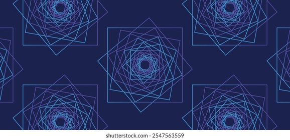 An intricate geometric pattern consisting of overlapping squares and polygons arranged in a spiral formation