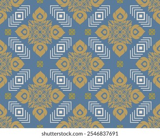 Intricate geometric pattern featuring floral and abstract designs in blue, gold, and white. This visually appealing textile design adds elegance to any space.