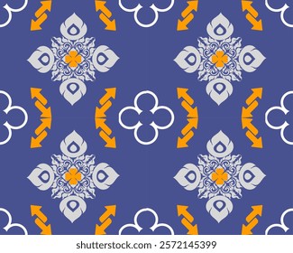 An Intricate geometric pattern featuring floral motifs and arrows in vibrant colors. design combines shades of blue, orange, and gray, creating visually striking and harmonious composition