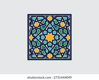 Padrão geométrico intrincado com elementos florais em tons de verde azul e amarelo