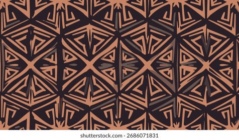 An intricate geometric pattern featuring interconnected triangular shapes in earthy tones of brown and tan.