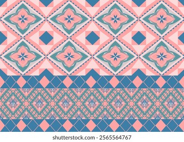 Intricate Geometric Pattern with Floral Motifs, Diamond Shapes, and Pastel Tones in Pink, Blue, and Green