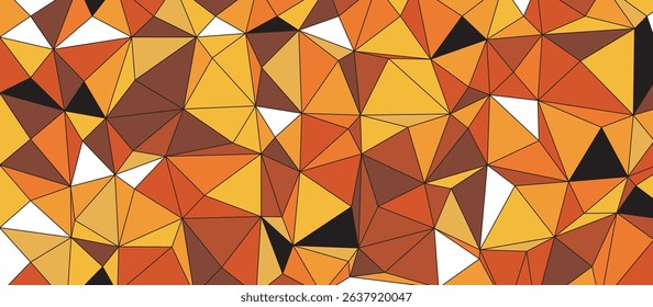 Intricate Geometric Pattern with Interconnected Triangles in Shades of Orange, Brown, and Yellow, Outlined in Dark Lines, Creating a Textured 3D Surface for Depth and Visual Complexity