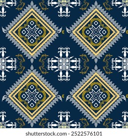 Intricate geometric pattern with ornate designs in blue and gold