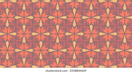 Intricate geometric pattern with repeating shapes in warm tones of orange and red. Seamless vector pattern featuring a mesmerizing for backgrounds and textiles.