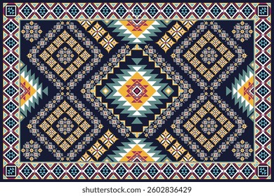 Intricate geometric pattern with a rich navy background, featuring vibrant diamond motifs and cultural textile influences. Ideal for fabric, wallpaper, and decorative design projects.