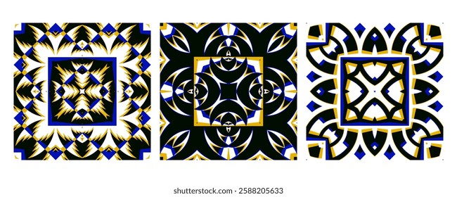 Intricate geometric pattern set inspired by digital art and optical illusions. A bold contrast of black, blue, and gold adds depth and dimension. Perfect for branding, packaging, and prints.