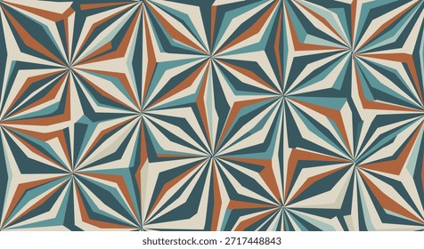 Intricate geometric pattern of star shapes with a 3D effect in shades of blue, teal, orange, and cream for a modern look.