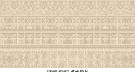 Intricate geometric pattern with tribal influences. Beige and cream repeating motifs on tan background. Ethnic, Aztec-inspired minimalist design.