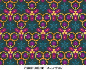 Intricate geometric pattern with vibrant colors, featuring floral and abstract elements in a seamless, symmetrical design.