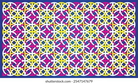 Intricate geometric patterns blending pink, white, and yellow curves on a turquoise background, creating vibrancy and depth. Ideal for artwork or decorative designs.