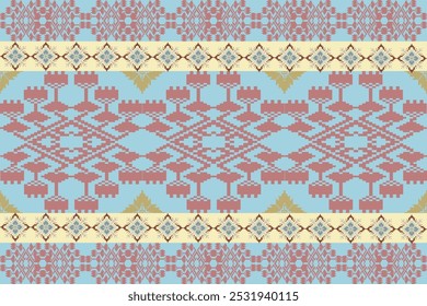 Intricate Geometric Pixel Art Design with Symmetrical Ethnic Motifs and Floral Patterns in Earthy Tones and Sky Blue Background, Inspired by Traditional Folk Textile and Cultural Weaving Art