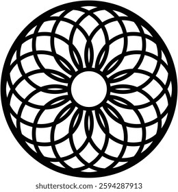 Intricate geometric rosette, circular design featuring interconnected curves creating floral-like pattern with central white circle.