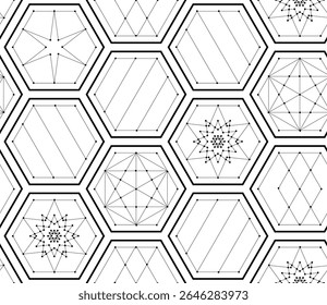 Patrón geométrico intrincado sin fisuras con hexágonos interconectados y Formas estelares, formando una compleja red de puntos y líneas con una estructura visual simétrica e hipnotizante