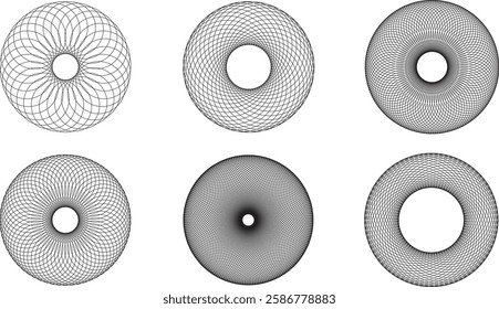 Сollection of intricate geometric spirograph designs in black and white, showcasing symmetry, radial patterns, and mathematical aesthetics. Perfect for abstract art, digital backgrounds, and modern gr