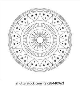 Mandala de sol geométrica intrincada con estrellas celestes en líneas circulares Perfecto para proyectos espirituales, boho y de temática cósmica, arte de pared, tatuajes o diseños digitales. El patrón simétrico detallado con vibraciones celestes realza la estética mística y artística maravillosamente".