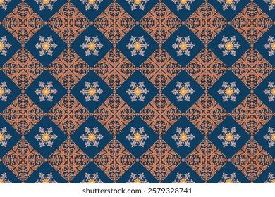 Intricate geometric tile pattern inspired by Moroccan designs, featuring rich navy blue and warm orange hues. A perfect choice for graphic design, wallpaper, and elegant print projects.