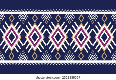 Intricate geometric tribal pattern featuring diamond shapes and bold colors on a dark blue background, inspired by traditional designs.

