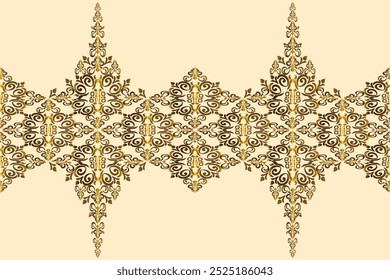 Intricate Gold and Brown Baroque Floral Design on Beige Background – Symmetrical Decorative Pattern for Wallpaper, Textile, or Home Decor Applications with Ornamental Arched Motifs