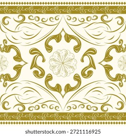 Intrincado patrón de oro y crema línea dibujada a mano y estilos medievales sólidos bellamente decorado. Antiguas de lujo de flores y hojas rizadas Swirl Scroll Ornament. Bordado, seda, brocado, alfombra