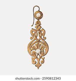 Intricate gold earring with ornate patterns, featuring elegant swirls and floral motifs. Decorative gold earring with vintage design and delicate craftsmanship. Vintage art illustration, vector.