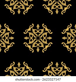 Intricada Filigrana Dourada no Padrão Elaborado Preto.  Abstrato Florais Repetir com Scroll Curly Ornamento Classy Timeless motif Design para Todos os Tipos de Decoração Lace Bordado Papel de parede Seda Borda