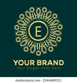 Intricate Gold Letter E Mandala Logo Design for Luxury Brand Identity and Elegant Business Branding
