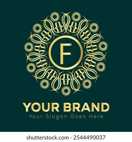 Intricate Gold Letter F Mandala Logo Design for Luxury Brand Identity and Elegant Business Branding