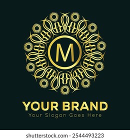 Intricate Gold Letter M Mandala Logo Design for Luxury Brand Identity and Elegant Business Branding