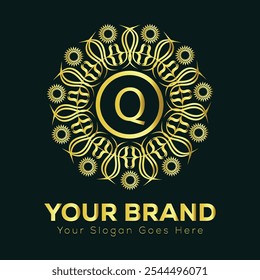 Intricate Gold Letter Q Mandala Logo Design for Luxury Brand Identity and Elegant Business Branding