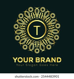 Intricate Gold Letter T Mandala Logo Design for Luxury Brand Identity and Elegant Business Branding