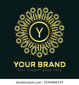 Intricate Gold Letter Y Mandala Logo Design for Luxury Brand Identity and Elegant Business Branding